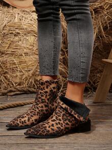 Women's New Autumn/Winter Ankle Boots & Ankle Boots, Suede Pointed Toe Square Heel Elastic Slim Fit, Back Zipper Leopard Print Versatile Commuter Low Heel Ankle Boots - Leopard - View 7