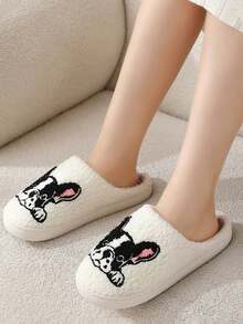 Sandal Rumah Pria Motif Kartun Bulldog Bordir Mewah untuk Musim Gugur/Dingin, Sandal Rumah Hangat dengan Lapisan Termal Tebal - Putih - View 5