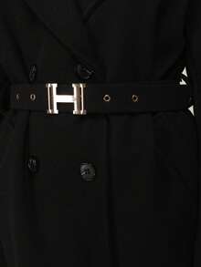 Women's Double-Breasted Belted Coat, Wide Lapels, Knee Length, Lined With Pockets - Black - View 5