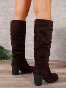 Women's Mid-Calf Boots, Chunky Heel, Pointed Toe, Fashionable, Suede, High Heel, Slouchy, Slimming - Brown - View 6