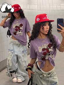 Women's Summer Short Sleeve T-Shirt, Distressed Washed Casual Graphic Tee, Round Neck, Spring/Summer/Autumn Outfit - Mauve Purple - View 11