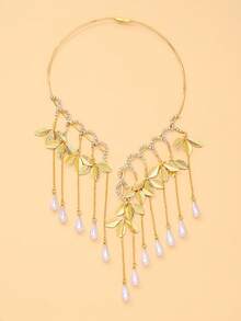 1pc Elegant Leaf Water Drop Pearl Tassel Choker Necklace, Rhinestone Decorated Open Collar Exaggerated Necklace, Women's Wedding Party Jewelry - Rhinestones - View 11