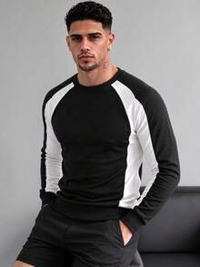 ZYNTH BALENO Men's Fashion Raglan Sleeve Patchwork Crew Neck Long Sleeve T-Shirt, Suitable For Gym, Running, Hiking Black Spring - Black - View 2