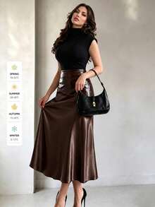 SUNSTORY Women's Autumn Solid Color Leather & Satin Patchwork High Waist Flared Mermaid Mid-Length Skirt, Suitable For Office Commute, Party, Date, Gathering, Business Outings - Brown - View 5