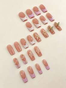 24pcs Long Square 3D Gel Press-On Nails, Pearl Decor, Floral And French Styles, Perfect Fit For Fingertips. Set Includes: 1pc Jelly Glue And 1pc Nail File - Multicolor - View 3