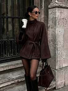Classic Women's Brown Knit Bomber Jacket, Long Sleeve With Collar And Pockets, Suitable For Autumn/Winter Wear - Chocolate Brown - View 1