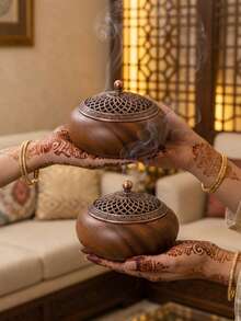 1pc/Set Zen-Style Wooden Flat Incense Burner, Vintage Copper Mesh Lid Aromatherapy Diffuser, Suitable For Home Decor, Bedroom, Living Room (As Centerpiece), Office, Home Aesthetics, Also As Birthday Gift, Graduation Gift, Anniversary Commemoration, Gift, Yoga Studio And Party, Creating An Elegant Atmosphere. (Due To Different Production Batches, There May Be Slight Color Differences.) - Multicolor - View 12