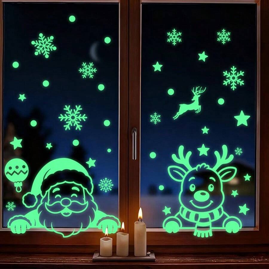 2pcs Winter Cozy Atmosphere Deer Glass Stickers Blue Snowflake Static Cling Stickers Christmas Party Decorations - Christmas Window Decals - View 1