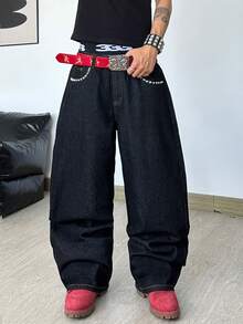 1pc Leather Embroidered American Streetwear Loose Fit Wide Leg Jeans For Men, Comfortable For All Seasons, Decorated With Metal Rivets (No Belt Or Accessories Included) - Black - View 2