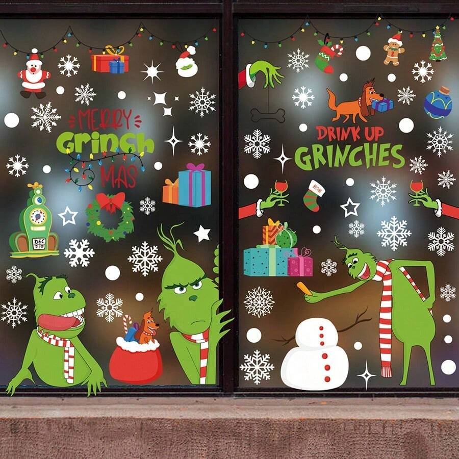The Grinch 8pcs Christmas Static Window Stickers, Merry Grinchmas Holiday Static Decals, Glue-Free Reusable Glass Stickers For Christmas Home And Shop Window Holiday Decoration - Multicolor - View 1
