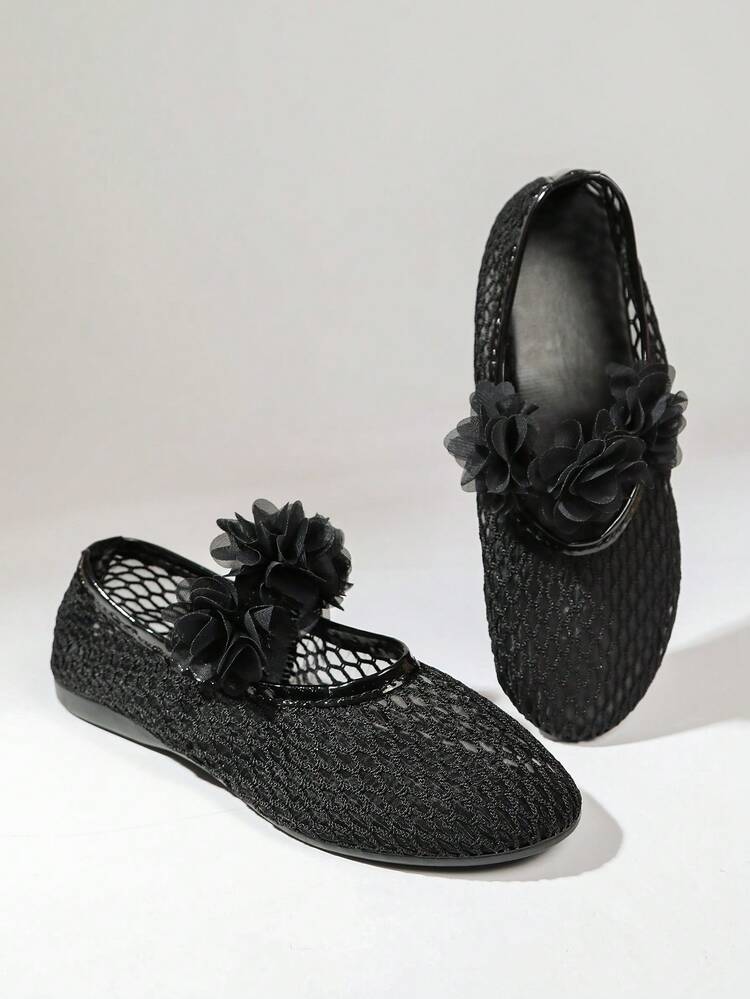 French Style Black Mesh Mary Jane Flat Shoes, 3D Flower Decor Breathable Slip-On Commuter Women's Shoes - Black - View 7