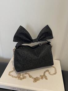 1pc Black Bowknot Decor Solid Color Nylon Small Square Handbag For Women, Can Be Carried As Shoulder Bag Or Crossbody - Black - View 3