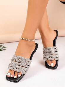 Women's Handmade Rhinestone Embellished Full Crystal Focal Element Greek Key Geometric Pattern Square Toe Single Strap Flat Slide Sandals, Luxury Style For Party And Date, Summer Silver PU Faux Leather Slippers - Silver - View 4