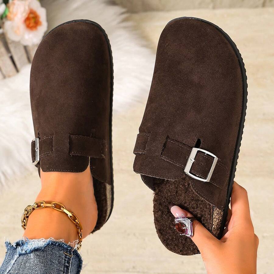 Women's Dark Brown Faux Suede Clogs Mules Fleece Lined Metal Buckle Cork Footbed Flat Slip-On Backless Winter Warm Slides - Brown - View 1
