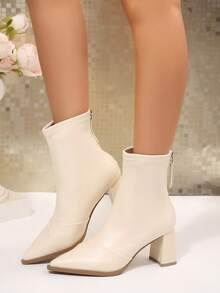 Autumn/Winter New Women's Ankle Boots And Ankle Boots, Pointed Toe Chunky Heel, Elastic Shaft With Back Zipper, Soft Leather Slim Fit, Commute Versatile High Heel Boots - Beige - View 5