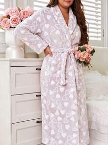 Plus Size Women's V-Neck Long Sleeve Flannel Thickened Robe, Autumn/Winter Casual Heart Pattern With Belt, Long Robe Loungewear - Grey - View 1