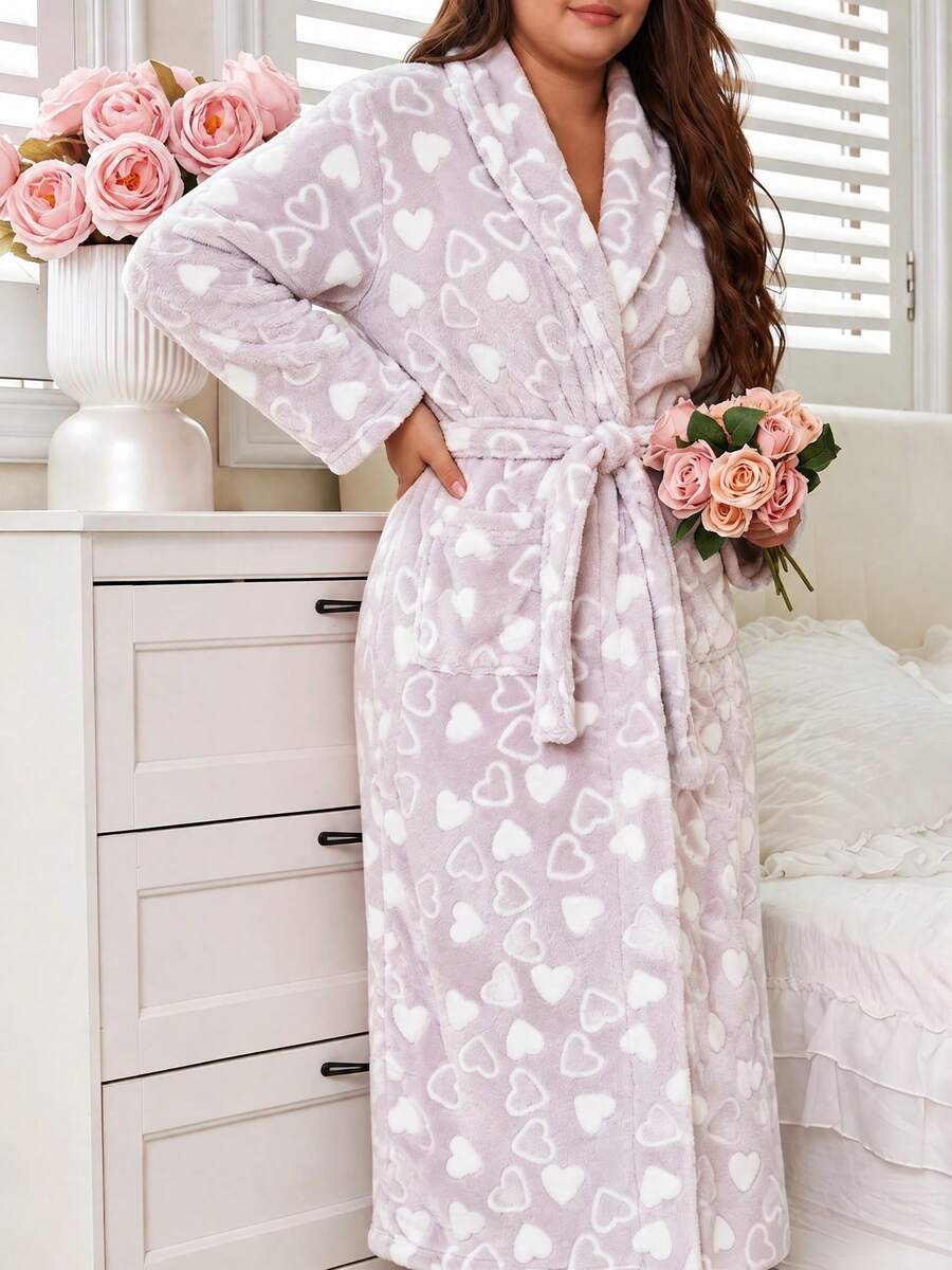 Plus Size Women's V-Neck Long Sleeve Flannel Thickened Robe, Autumn/Winter Casual Heart Pattern With Belt, Long Robe Loungewear - Grey - View 1