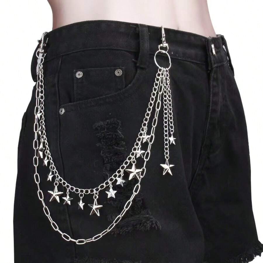 1PC Gold Star Pendant Multi-Layer Men's Pants Chain, Party Street Hip-Hop Outfit Accessory Personalized Metal Jeans Chain - Silver - View 1