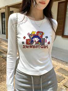 女款圓領長袖T恤，春秋新款卡通圖案與字母印花，時尚休閒百搭修身短版上衣，白色 - 白色 - 查看 8