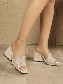 Women's Elegant Woven Breathable Mesh New Style Square Toe Open Toe Slip-On Sandals, Chunky Heel Summer Fashion Comfortable Daily Outdoor Activity Wear High Heel Sandals - Apricot - View 4
