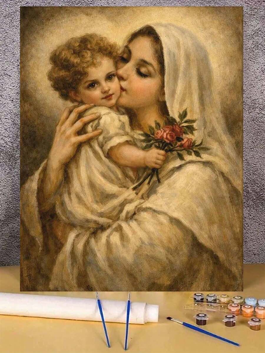 DIY Digital Oil Painting Kit - Virgin Mary Kisses The Child, Beginner Canvas Art Handmade Painting Craft, Home Decor For Living Room, Bedroom, Holiday Gift, Includes Painting Tools.
