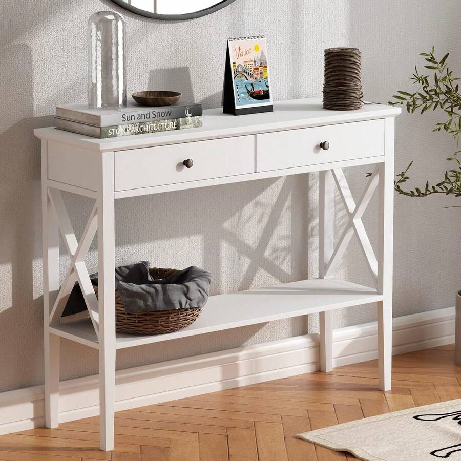 Mesa de Consola Blanca 30x100.1x80 cm |   Mesa de Sofá Estrecha de Madera con 2 Cajones y Estante de Almacenamiento |   Diseño con Paneles en X para Entrada Pasillo y Salón |   Estilo Rústico Moderno para Espacios Pequeños |   Fácil de Armar - Blanco - Ver 1