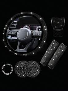 1 SET Car Diamond Steering Wheel Cover, Shiny Rhinestone Seat Belt Cover, Car Cup Holder Mat Combination - Multicolor - View 13