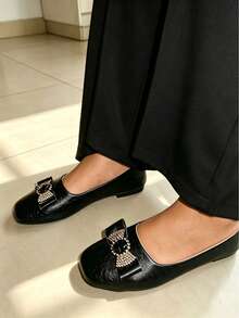 Women's Elegant Business Square Toe Bow Ballet Flats - Black - View 3