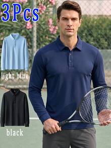 3pcs Men's Polo Shirts, Versatile Loose Fit Long Sleeve POLO Shirts, Casual Sports Long Sleeve Shirts - Multicolor - View 1