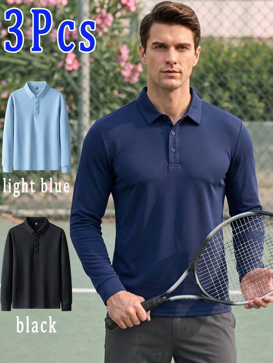 3pcs Men's Polo Shirts, Versatile Loose Fit Long Sleeve POLO Shirts, Casual Sports Long Sleeve Shirts - Multicolor - View 1