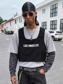 HOMIIE Men's Black Short Tactical Vest, Letter Print Utility Vest, Pocket Design Streetwear Jacket, Suitable For Spring And Autumn, Halloween And Christmas - Black - View 1