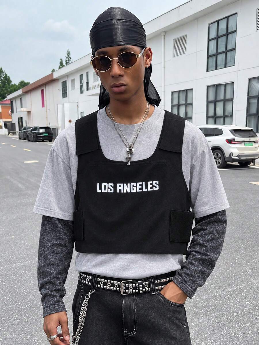 HOMIIE Men's Black Short Tactical Vest, Letter Print Utility Vest, Pocket Design Streetwear Jacket, Suitable For Spring And Autumn, Halloween And Christmas - Black - View 1