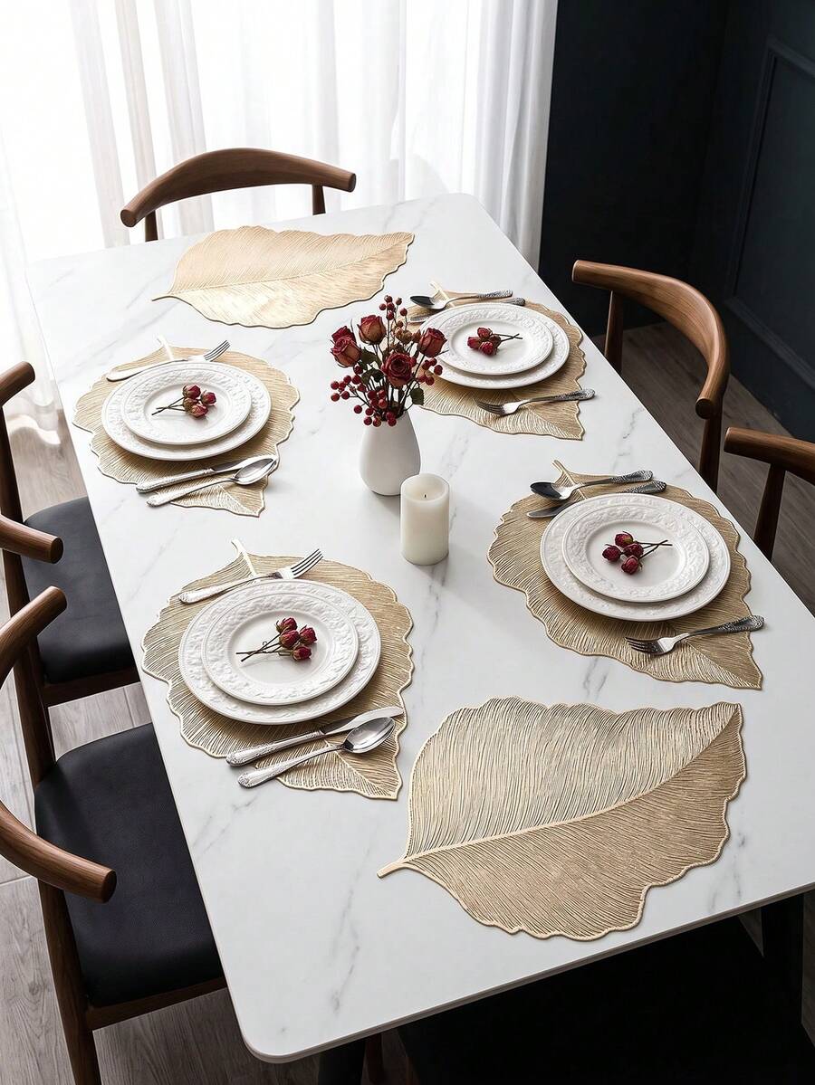1-12pcs Gold Leaf Vein Heat-Insulated Placemats, Vintage Luxury PVC Asymmetrical Leaf Shape Waterproof Table Mats For Wedding, New Year, Family Gathering Table Decor - Multicolor - View 1