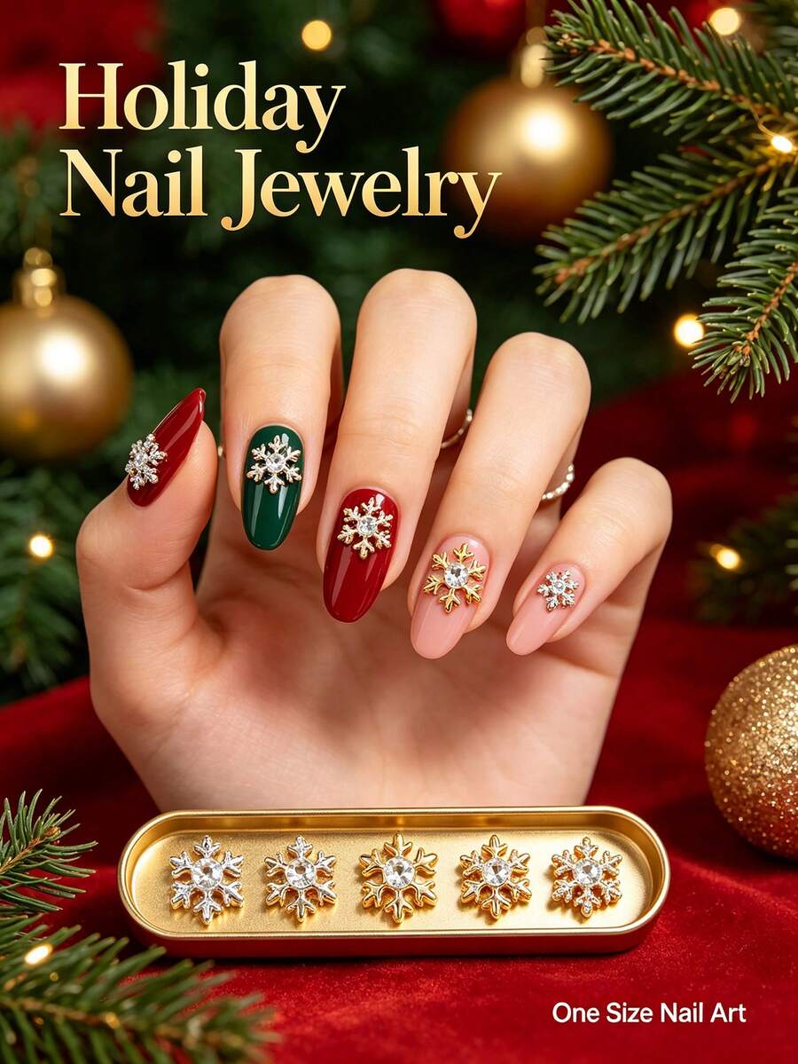 20pcs Gold & Silver Winter Alloy Rhinestone Snowflake Nail Art Decor, Christmas 3D Glitter Nail Stickers, Minimalist Versatile Multi-Function DIY Decoration Accessories, False Nails Manicure Supplies - Multicolor - View 1