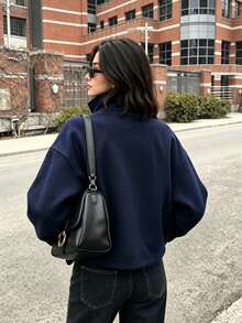 Women's Casual Wool Jacket, Casual Stand Collar Button Design, Navy Blue Thick Coat, Suitable For Commuting, Dating, Daily Wear - Navy Blue - View 4
