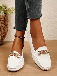 Women's Spring New Gold Chain Elegant Slip-On Loafers, Lightweight Comfortable Versatile Rubber Flat Shoes - White-chain - View 4