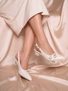 French Style Metal Square Buckle Pointed Toe Backless Low Heel Chunky Heel Commuter Comfortable Mule Women's Shoes - White - View 1