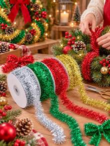 1pc/4pcs Christmas Tinsel Garland Roll Sparkle Metallic Foil Ribbon For Christmas Tree Decoration Gift Wrapping Present Box Bow Making Holiday Party Supplies Diy Craft Decor Silver Gold Red Green - Christmas Decorative Ribbon - View 1