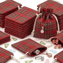 10pcs Red Plaid Drawstring Bags - Small Gift Bags With Plaid Pattern And Drawstring Closure, Suitable For Wedding Gifts, Jewelry Storage, Christmas Candy, Birthday Party Supplies, Beaded Craft Decoration (Fabric Material) - View 3
