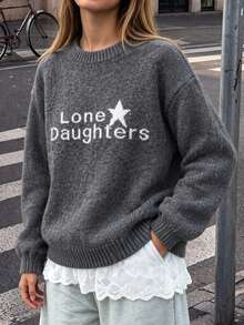 Women's New Autumn/Winter Knit Crew Neck Pullover Sweater With "Lone Daughters" Letter Pattern, Casual Commute College Style Knit Sweater - Grey - View 4