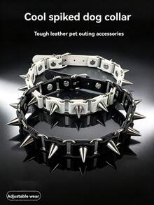 Punk Chain Link Spiked PU Leather Dog Collar, Adjustable Metal Cone Stud Pet Collar, Anti-Bite Cool Dog Neck Collar For Small Medium Dogs, Black & White Optional - Multicolor - View 2
