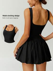 NcmRyu 1pc Women's Fashion Elastic Round Neck Wide Strap Waist-Cinching Backless Anti-Exposure Safety Shorts Skirt Hem Sports Tennis Dress - Black - View 2
