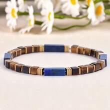 2pcs/Set Vintage Style Lapis Lazuli 5mm Square Bead Bracelet, Symbolizing Wisdom, Power And Spirituality, Handmade Natural Stone Elastic Cord Jewelry, Best Gift Choice For Friends - Multicolor - View 3