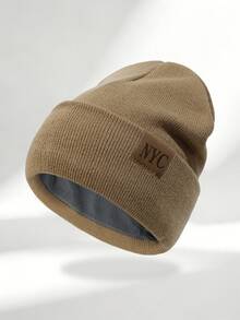 1pc Fleece Lined NYC Patchwork Knit Beanie, Unisex Winter Warm Ribbed Cuff Hat, Outdoor Cold-Proof Ski Hat - Leather Label NYC - View 17