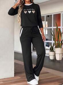 LUNNELUX Ensemble deux pièces pour femmes automne, top à manches longues imprimé cœur noir & pantalon à jambes larges rayé, tenue de sport décontractée pour Halloween et retour à la maison - Noir - Voir 1
