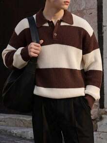 Teen Boys American Retro Colorblock Brown & White Striped Sweater, Loose Fit Drop Shoulder Collared Button-Up Knit Top - Brown - View 6