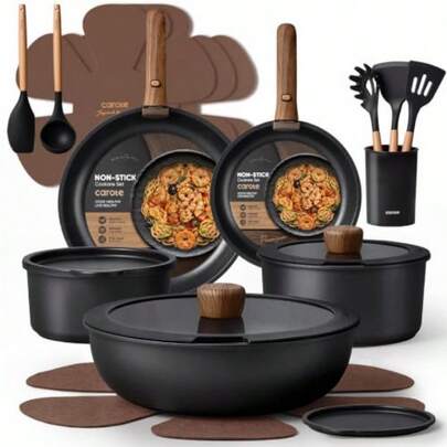 21pcs Pots And Pans Set Non Stick, Detachable Handle Cookware, Black