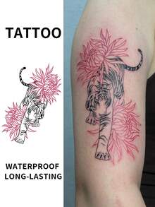 Temporary Tattoo Sticker, Tiger & Chrysanthemum Floral Japanese Style Design, Fierce Oriental Animal Body Art, Waterproof Long-Lasting Fake Tattoo For Arm, Shoulder, Leg, Back, Festival, Party & Daily Styling - Black - View 3