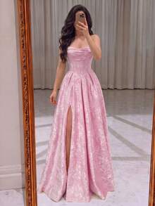 Elegant Strapless Heart-Shaped Neckline Long Dress: Jacquard Fitted Bodice A-Line Skirt With High Slit Design. Suitable For Photography And Beach. - Pink - View 4