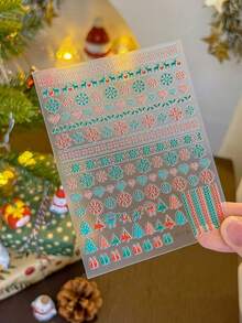 1pc Full Nail 5D Embossed Nail Sticker, Christmas Fair Isle Style Reindeer Snowflake Tree Pattern, Knitted 3D Raised Texture, Autumn/Winter Holiday Nail Decoration, Suitable For Christmas Party DIY Nail Art - Multicolor - View 11